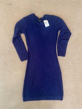 Connected Apparel Blue Cable Knit V-Neck Long Sleeve Knit Sweater Dress L